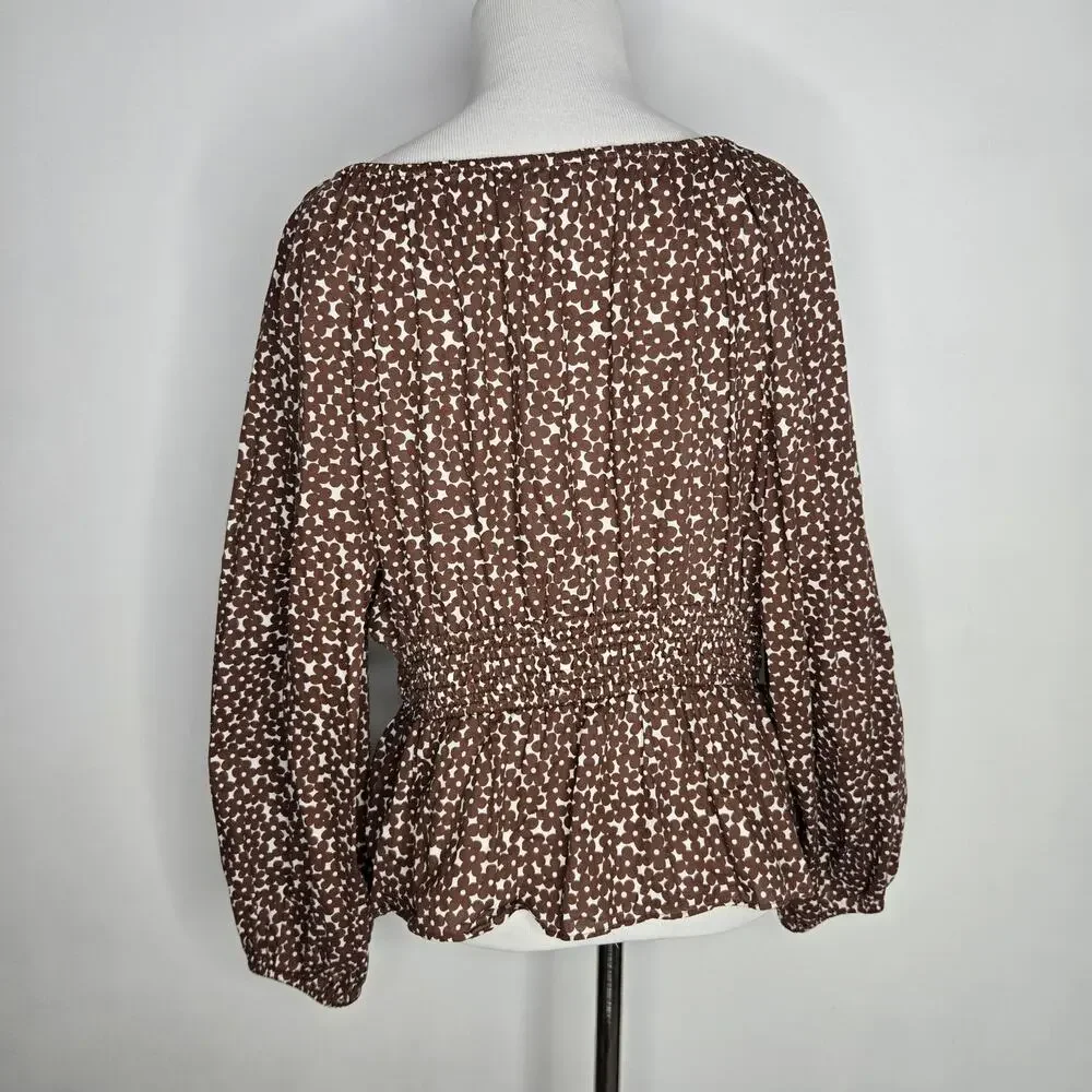 J Crew Womens Cottage Smocked Waist Top Mocha Brown Floral Boho Peplum Medium